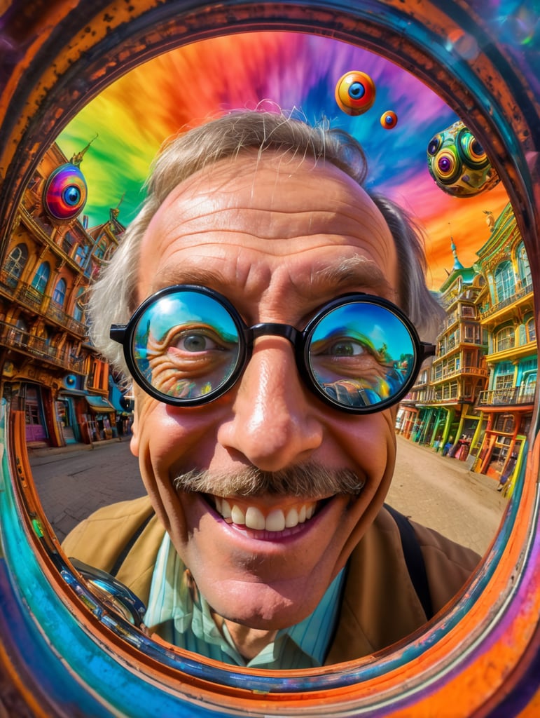 fisheye lens, mad professor smiling to the camera showing his time machine in background, buggy eyes, colorful, psychedelic