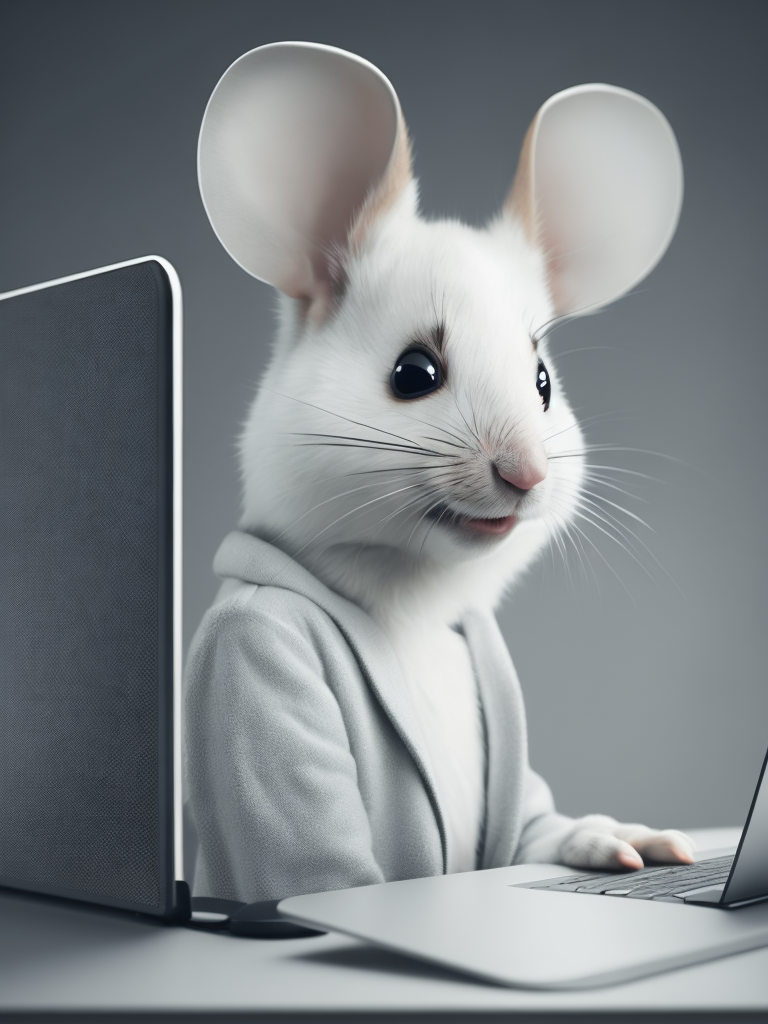 Cute white mouse look like a human stylized as a software engineer near the computer. Large free space on the left half of image. High key. White color.