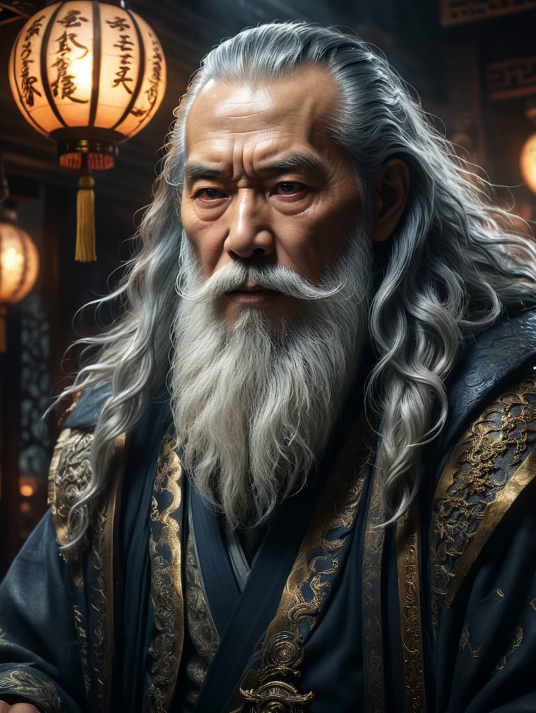 evil old japanese man with a long white beard, intricate, sharp focus, fantasy, cinematic lighting, other worldy, surreal 8k photo, dark moody aesthetic