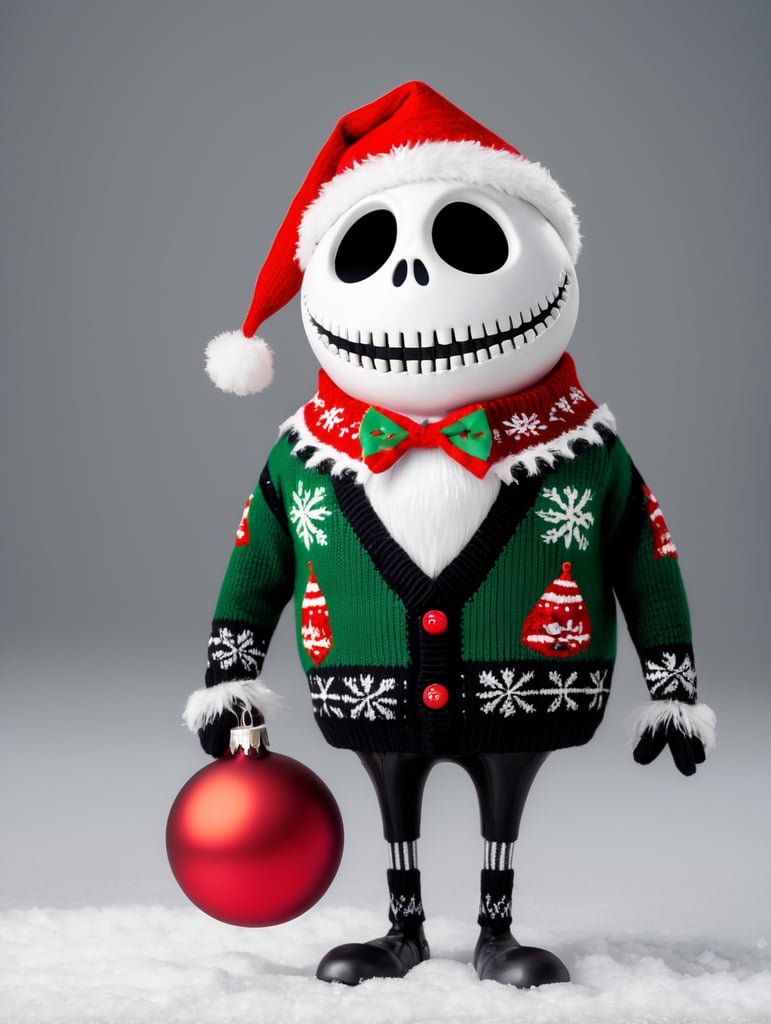 Jack Skellington standing wearing an ugly Christmas sweater