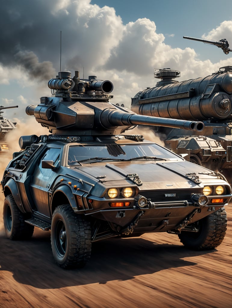 The Delorian time machine from the `Back to the future` movies... converted into a army tank with big barrel gun on top.