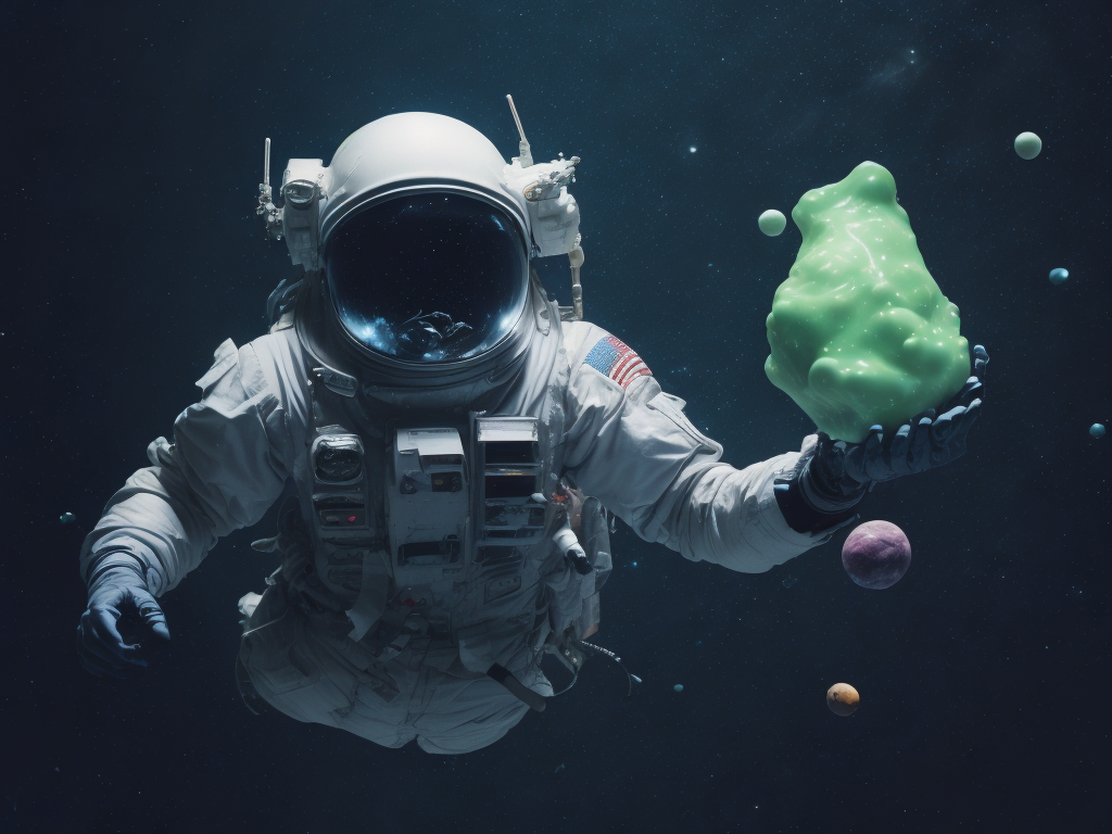 Astronaut floating in space with space slime creature with planets in the backround