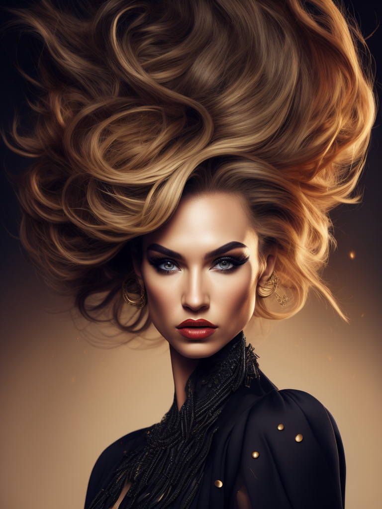 Super-realist portrait of a supermodel, wild intricate hair design, Dior style make-up, fashion editorial style, Award winning photo, dramatic lighting, classic clothing, flowing dress, dramatic background,
