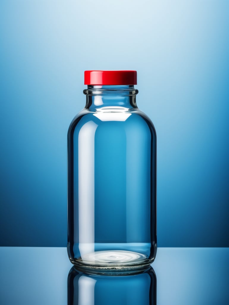 a transparent Glass Bottle, Empty, Clean, Clear, isolated, blue background