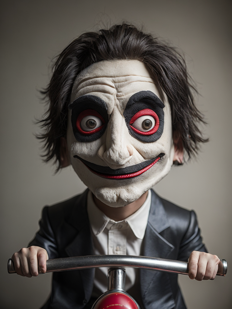 Billy the puppet from the movie saw drifting on his tricycle, highly detailed and resolution