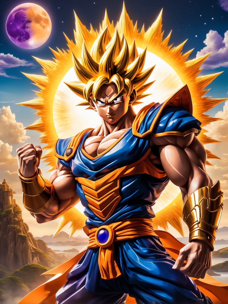 A dynamic scene of the iconic anime character, Son Goku, in his signature Saiyan armor. He stands tall with his muscular build and spiky black hair, exuding an aura of power and confidence. The backdrop is a vibrant, otherworldly landscape filled with floating islands and a bright, full moon. Goku's eyes are closed, his body glowing as he channels his immense energy into a massive golden aura that surrounds him. His arms are stretched out wide, as if preparing to unleash a devastating attack. The art style captures every detail of his form, from the intricate texture of his armor to the individual strands of his hair. The color palette is bold and bright, with shades of gold, blue, and purple dominating the scene. The image is a testament to Goku's strength and the breathtaking artistry of the anime world. detailed eyes 2D