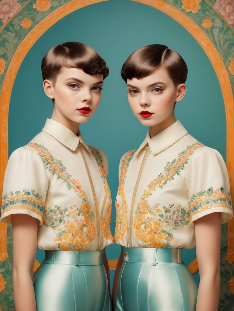 Vintage portrait of two young girls with short hair standing next to eachother, style of James Bidgood, frontal view, symmetry, Incredibly high detail, Bright colors