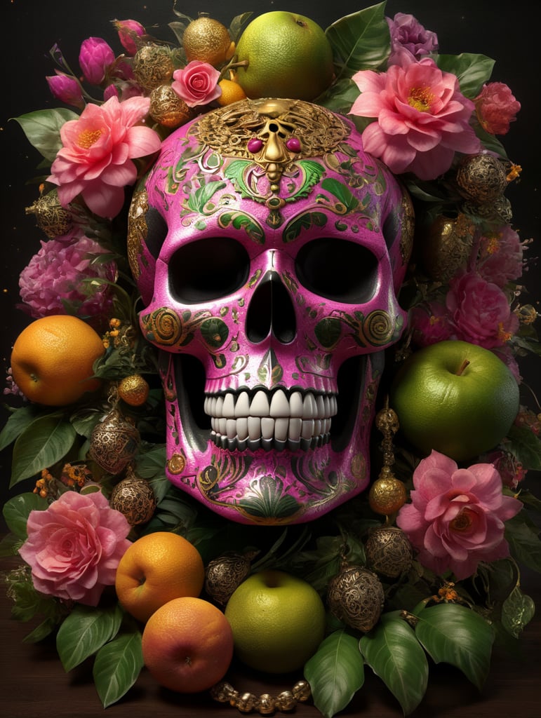 Mexican skull calavera, surrounded by poetic ornamental elements such as fruits, flowers, garlands of lights and native plants, colors pink, green, gold and black