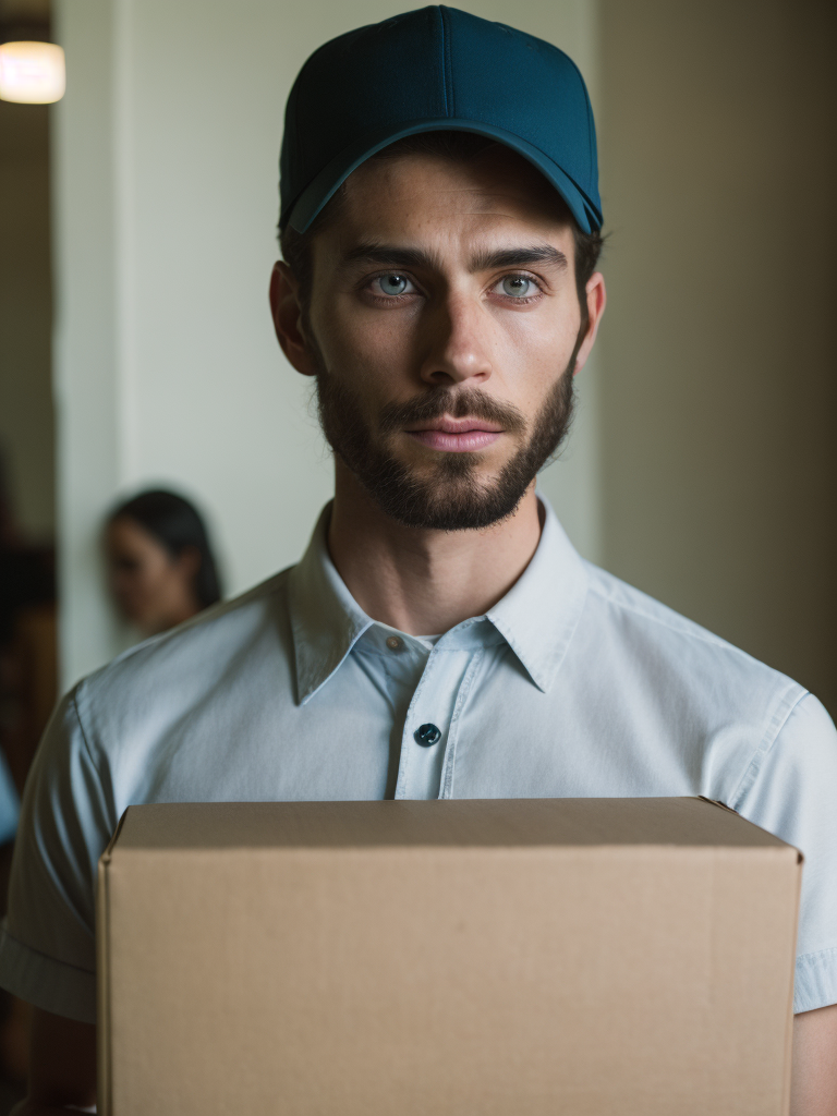 portrait of a delivery transgender, wearing a white cap and white t-shirt, holding a box