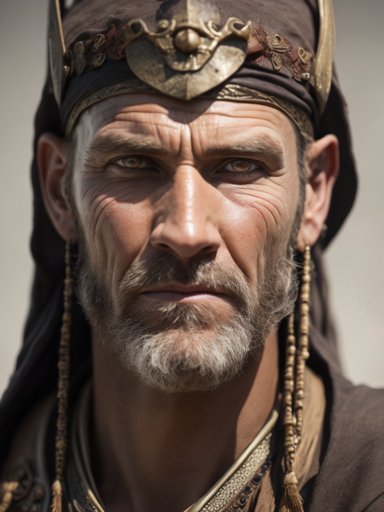 a viking warrior, semi-profile, wrinkled face, bright brown eyes, weathered skin, highly detailed, war paint, war bonnet,