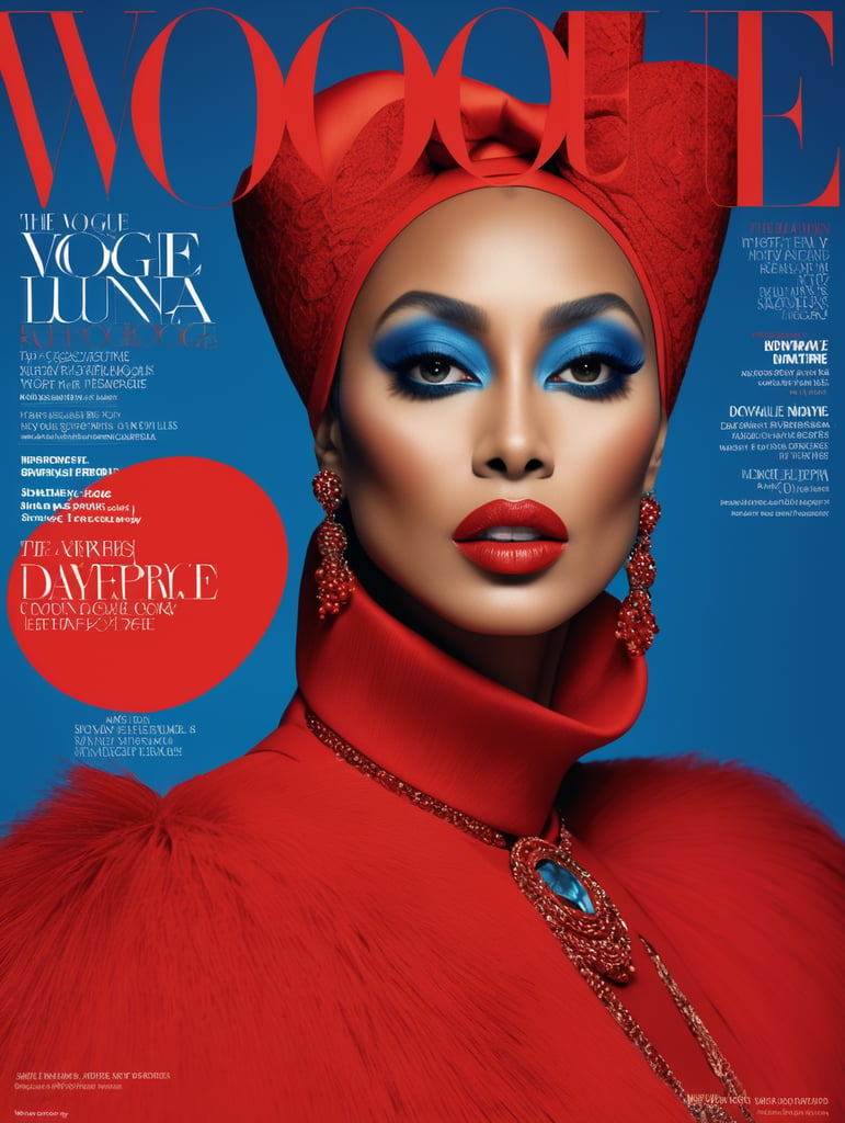 Vogue cover, Donyale luna, avant-garde, simplygo, photoshoot spread, dressed in all red, blue background, harpers bizarre, cover, headshot, hyper realistic