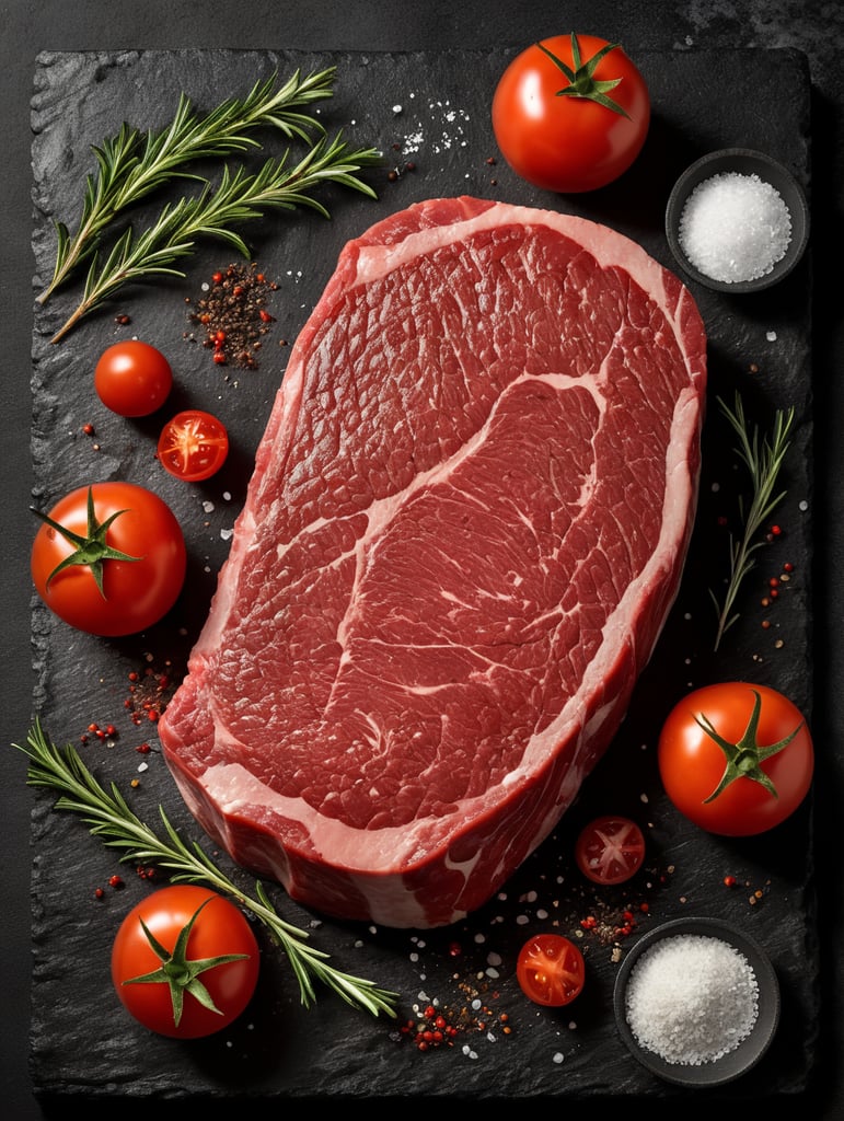 Juicy marbled beef steak lying on a black flat stone, Rosemary, salt, spices, tomatoes, top view, black background