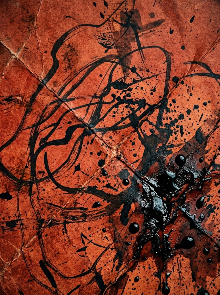 A macro shot of deeply creased rusty red paper covered in erratic, flowing dark ink strokes and heavy splatters. Prominent intersecting fold lines map the distressed surface. Viscous black ink pools and droplets concentrate in the lower right, contrasting sharply with the vivid blood-orange background to create a raw, moody grunge aesthetic.
