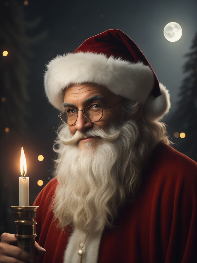 Magical Santa Claus with a white beard, hat, and glasses smiling and looking directly at the camera. Santa Claus is holding a candelabrum that has a candle. The environment is magical we can see a magical enchanted Christmas forest at night with stars and a big moon in the background and it seems that candlelight illuminates Santa Claus's face. The photo is realistic and has a vintage style and a cinematic Pixar-style look.