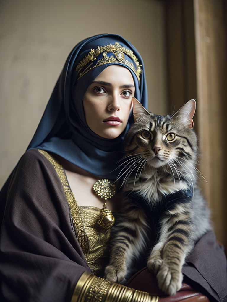 Portrait of princess leia wearing niqab and a mainecoon cat wearing black coated arabic fashion with gold crown in Renaissance ottoman heritage, hyper realistic, ultra detailed photograph.