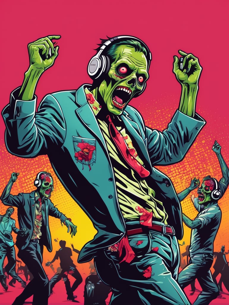 Pop art illustration, sticker, zombie dancing with headphones