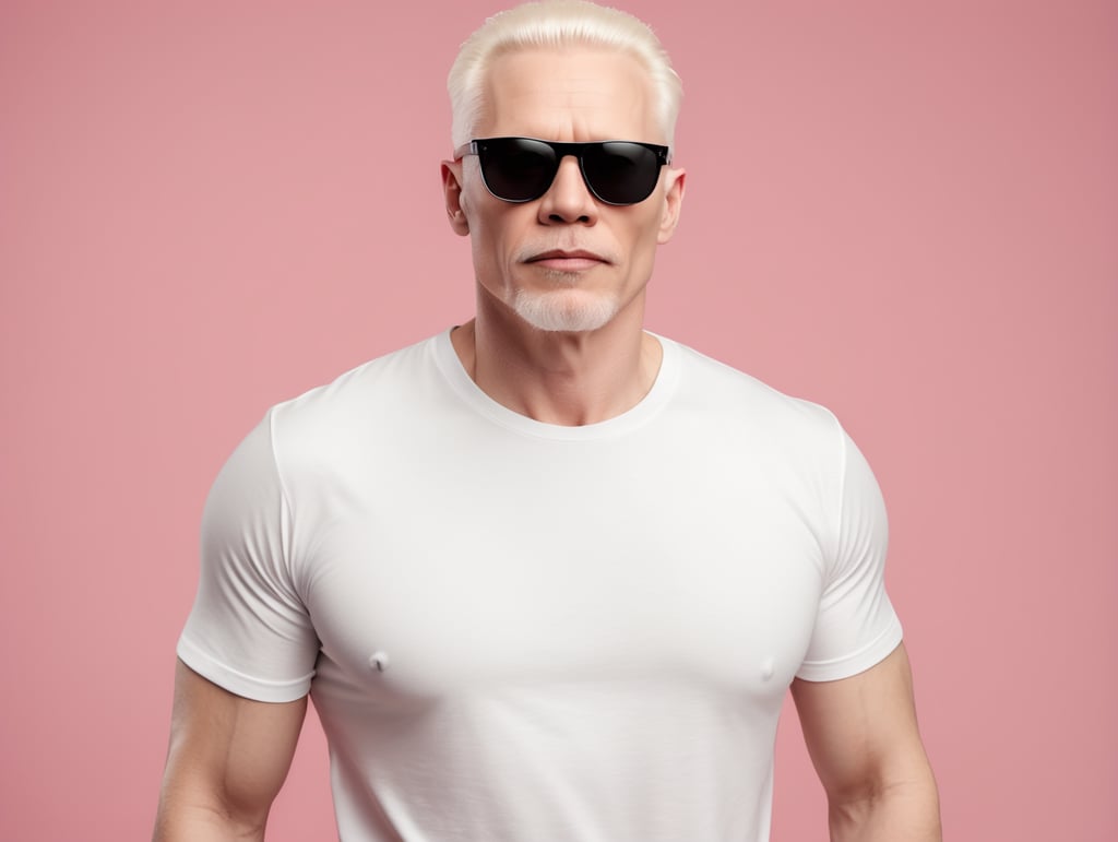 A middle-aged albino man wearing a white T-shirt, wearing black sunglasses, Contrasting studio light, isolated, pink background, mockup, mock up