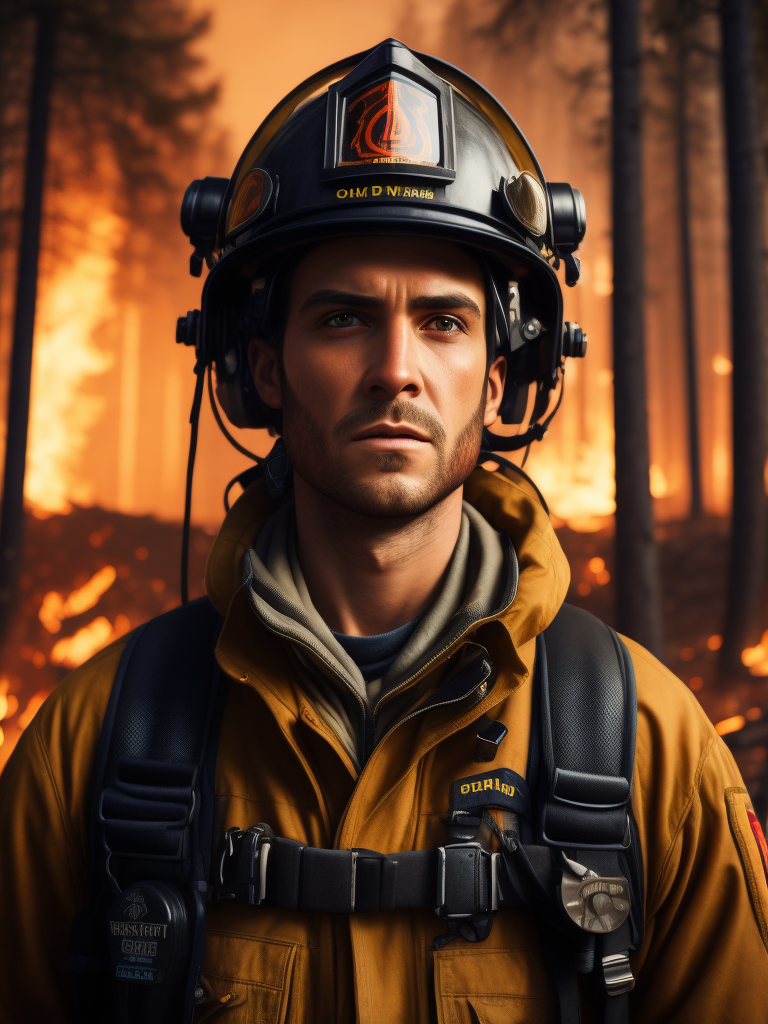 epic portrait of a Firefighter, close-up, forest fire, British Columbia Wildfire, Canada