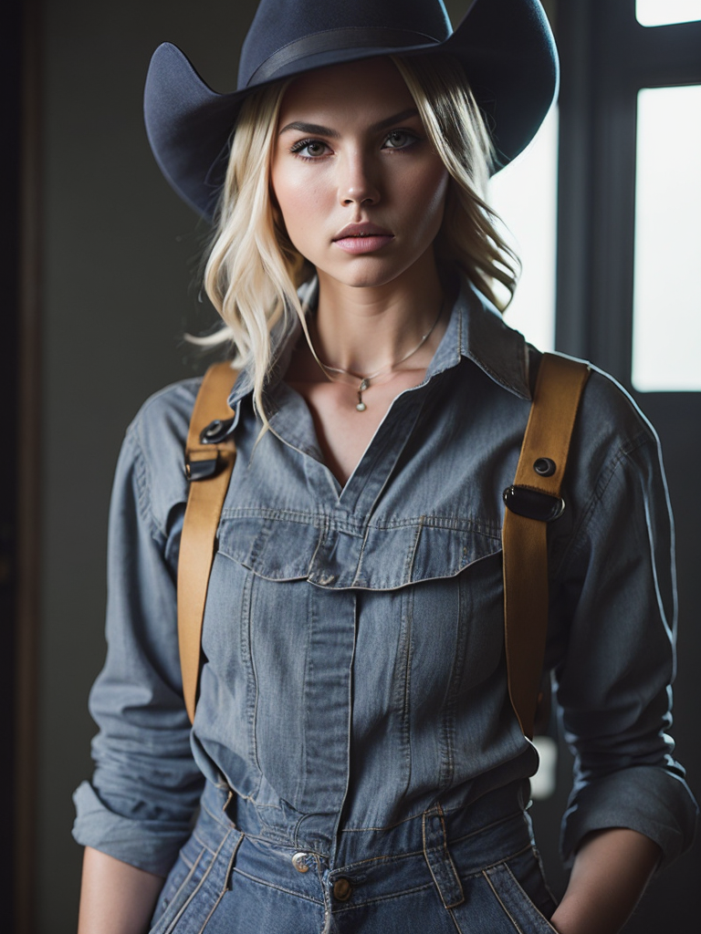 Portrait of an 21 year old elisha cuthbert from the movie the girl next door, wearing demin overalls with a large bust and a cowboy hat