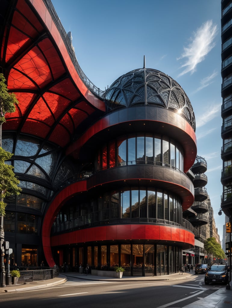 dream prompt: the craziest, bentwood, far view lens architectural modern style hyper realistic hyper detailed neocosmic exterior architecture design of a spider Fluid complex facade, geometric shapes spectrum, black::1 red:3, Antoine Blanchard architecture art style, in new york city, dramatic ambient, natural lighting, camera sony, 8k, --s1000 --style raw, you can imagine