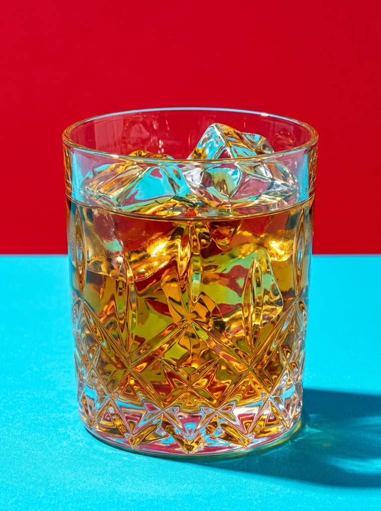 A cut-crystal tumbler containing amber liquid and angular ice cubes sits on a vibrant cyan surface against a stark red backdrop. The glass features sharp diamond facets on its lower half, intensely refracting the golden beverage and the surrounding bold colors. Large irregular ice blocks float at the surface, catching sharp, high-contrast specular highlights. The minimalist environment is a horizontal color block divided evenly into a solid crimson top and a bright blue bottom. Harsh directional studio lighting creates a luminous jeweled effect within the highly textured glass, casting a crisp shadow to the right. The hyper-saturated macro composition evokes a bold pop-art aesthetic within a commercial still-life photograph.