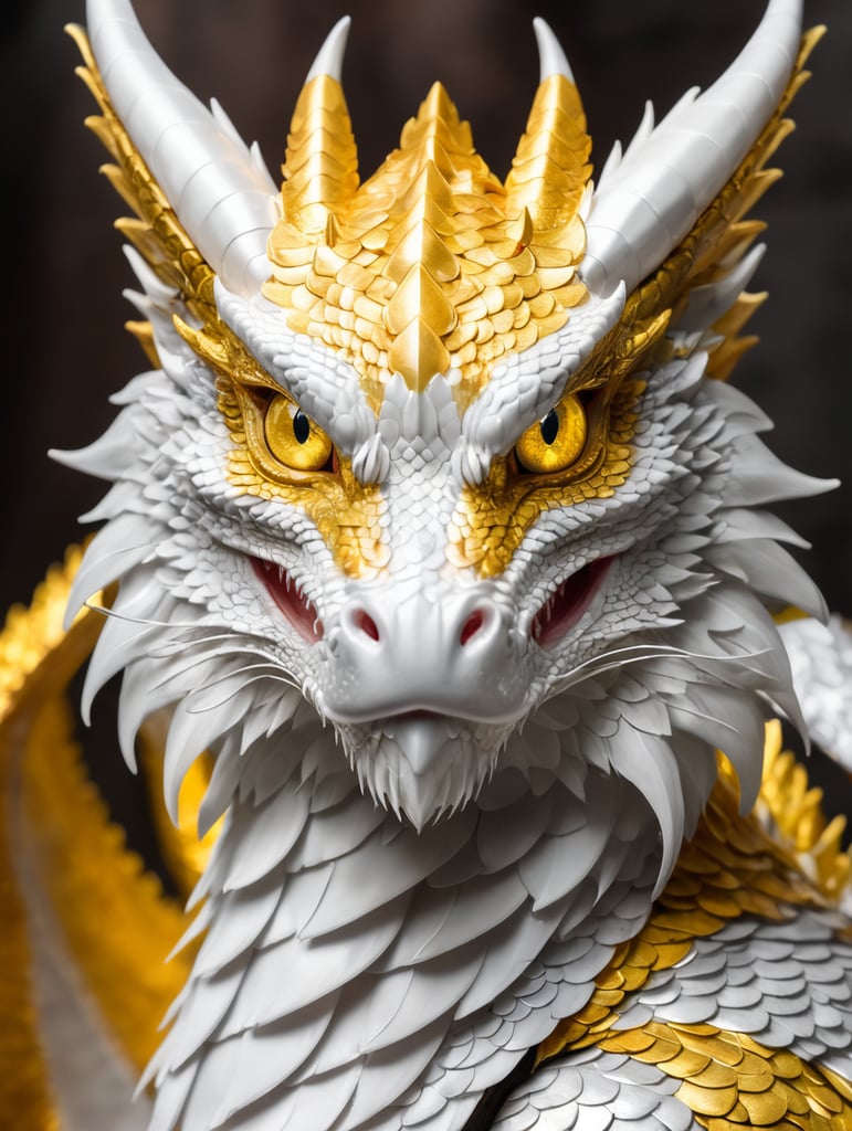 Golden dragon with silvery white wingscales and yellow-golden eyes