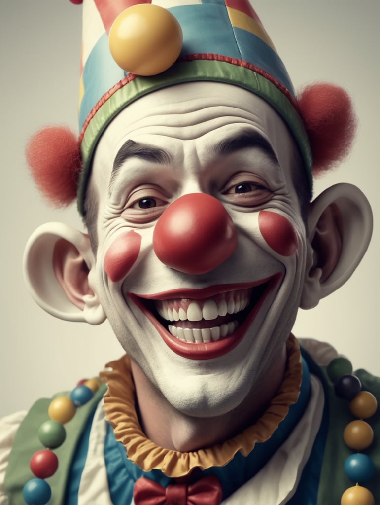 smile clown laugh , he has a cap on his head