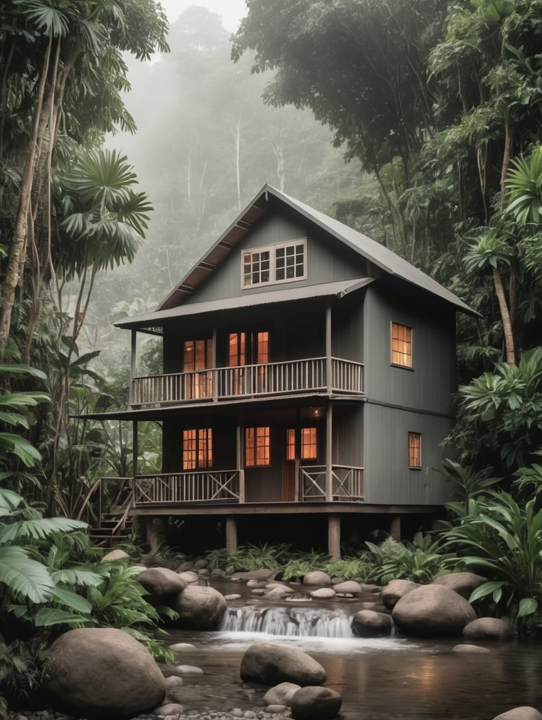 Beautiful small cabin in the jungle with a small stream nearby