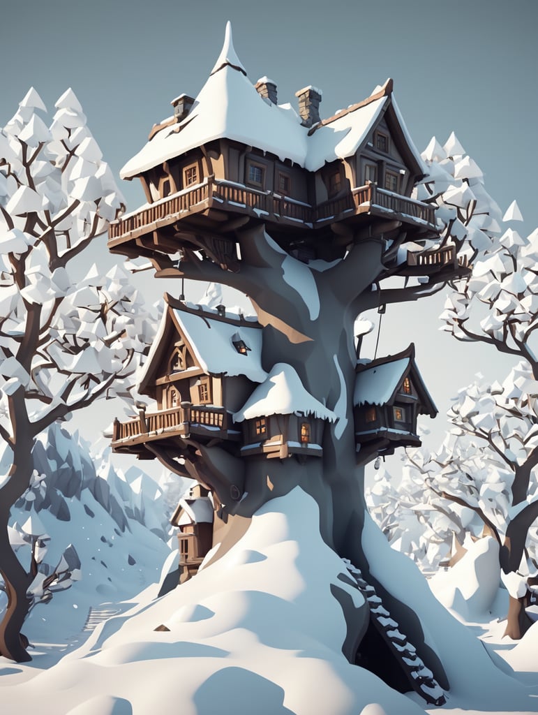 Dwarves' house on a branching tree, a lot of snow, low poly style