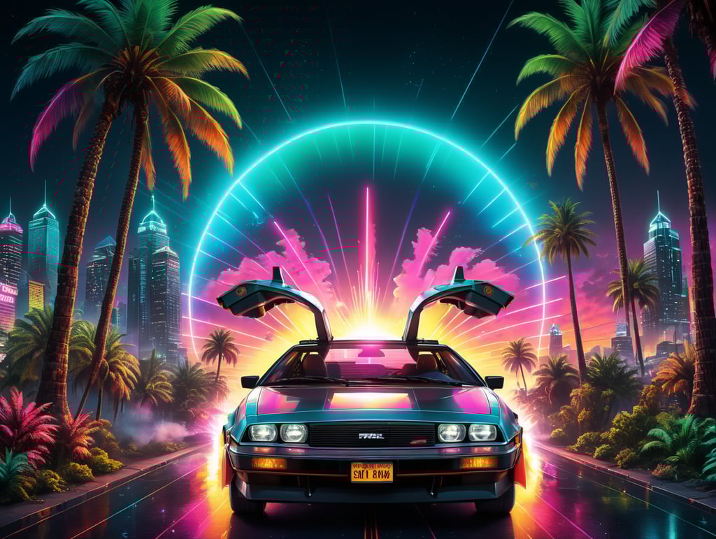 80's Back To The Future style retro party poster background with palm trees, trans am, city skyscapers, neon vibrant colours, synthwave, disco vibes,