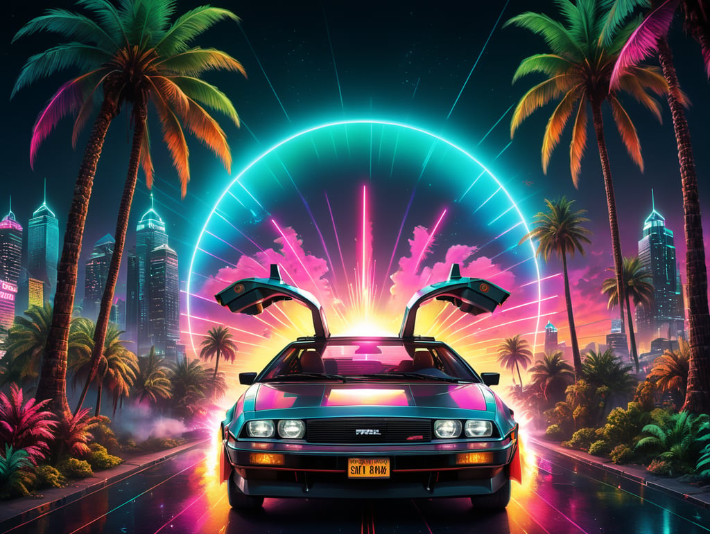 80's Back To The Future style retro party poster background with palm trees, trans am, city skyscapers, neon vibrant colours, synthwave, disco vibes,