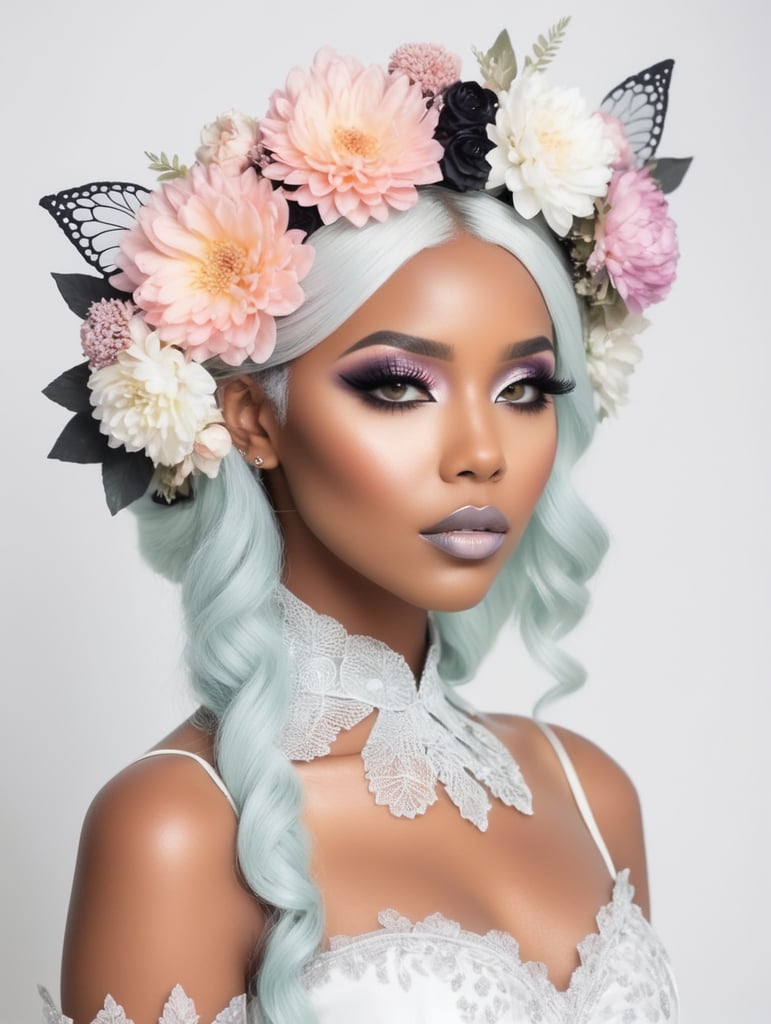 Hd photography, photograph, 3 4 pose, black woman, pastel gothic makeup, fairy goth, gothic style, pastel, beauty portrait, big flowers headband, big flower crown