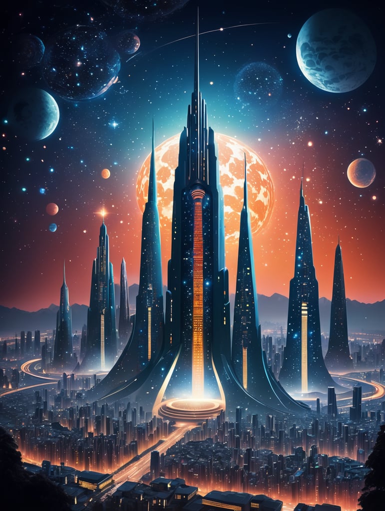 Design a futuristic extraterrestrial metropolis where buildings are adorned with luminous patterns, and the night sky is ablaze with artificial constellations, creating a cityscape that is both awe-inspiring and visually stunning