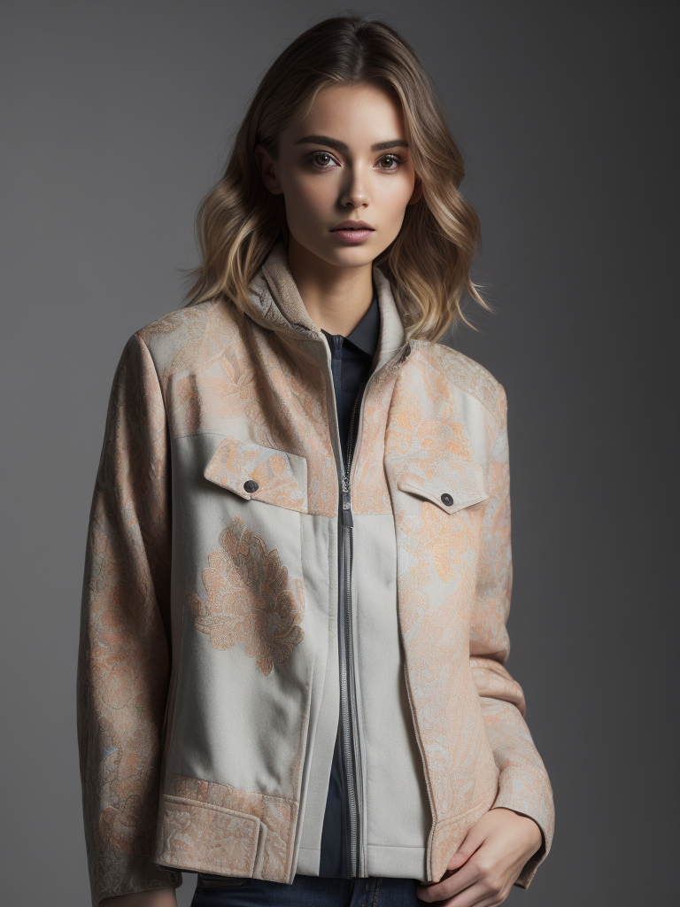 Women's patchwork jacket in pastel colors with contrasting lines in a modern bright style, floral patterns.