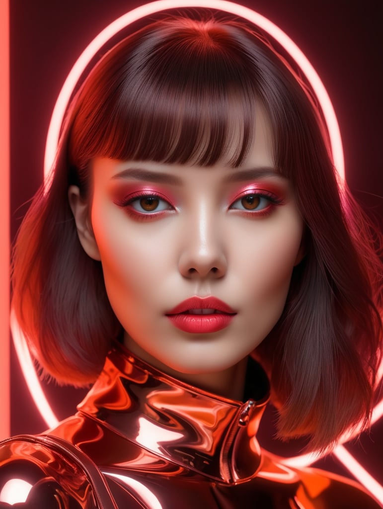 a woman is modeling for the photographer in the style of neon-infused digitalism, light crimson and bronze, vibrant portraits, mike winkelmann, close-up, petrina hicks, neon pop