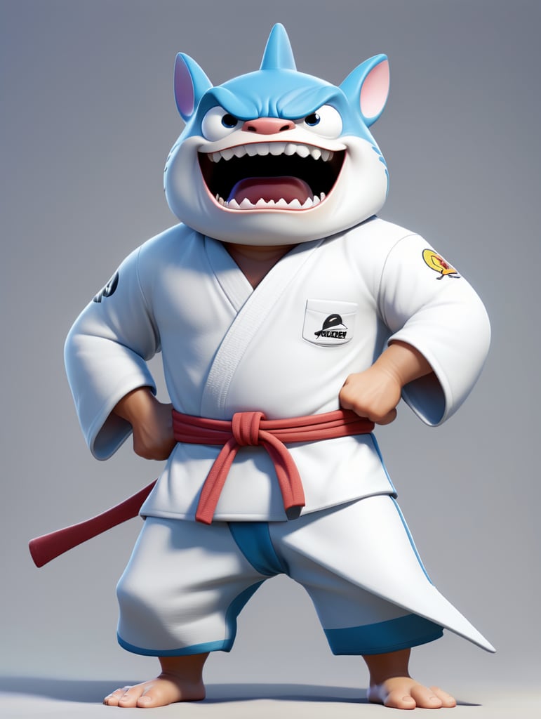 humanoid cartoon shark in judo kimono stay in action pose and angry face
