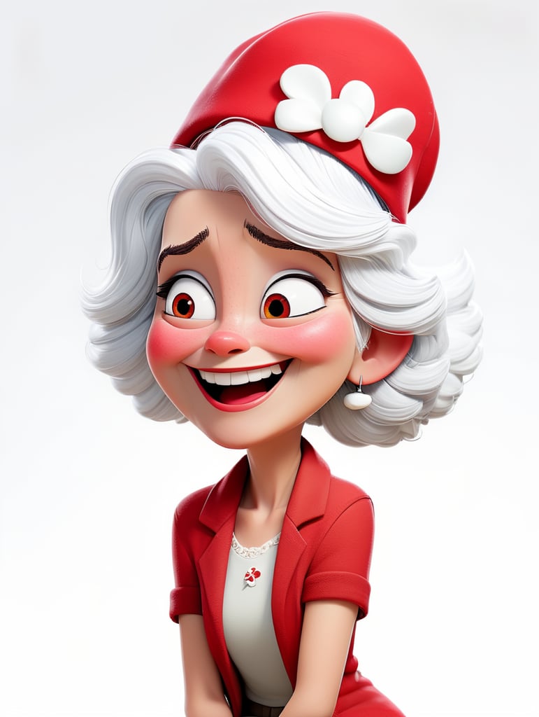 a happy young women with white hair and red hat on his head is wearing a white lacket, isolated, white background