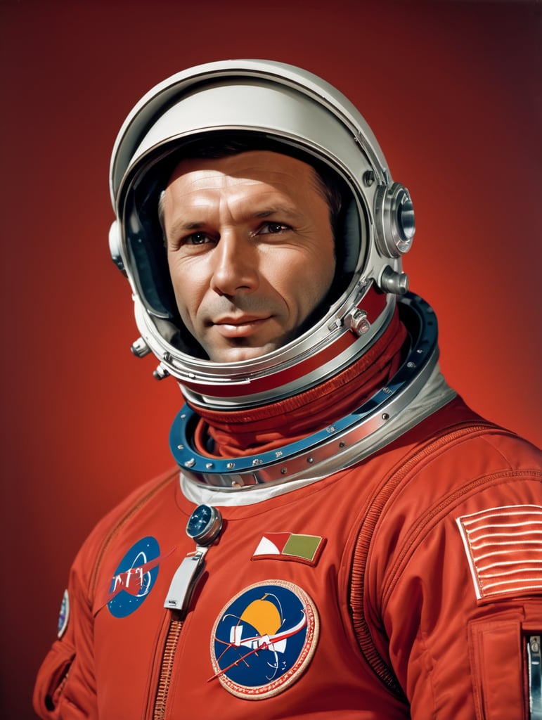cosmonaut Yuri Alekseyevich Gagarin in a red space suit, a red space uniform
