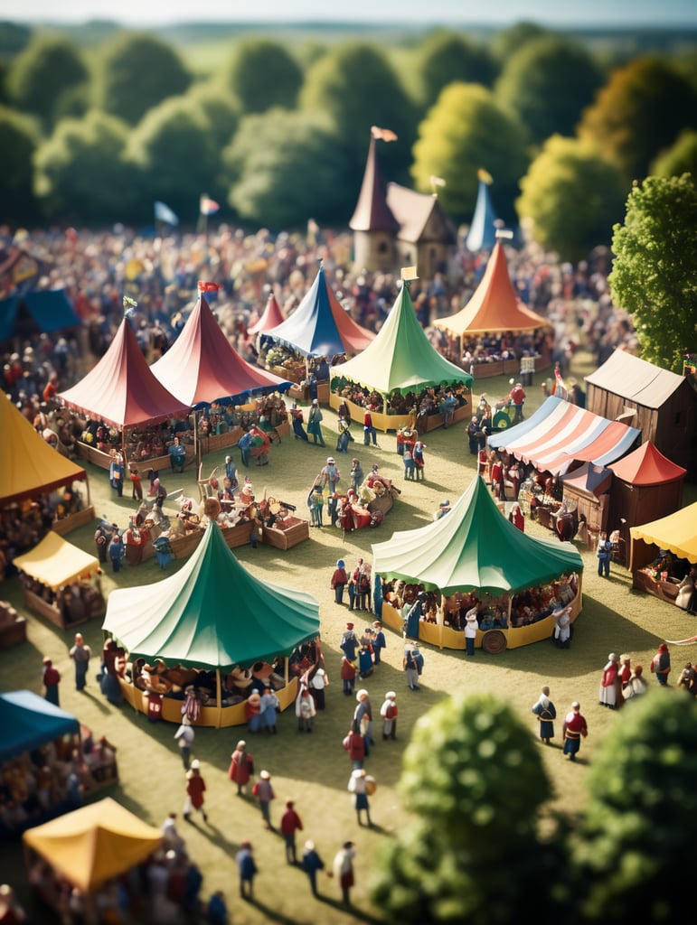 A medieval-inspired creative concept is depicted in a tilt-shift photograph capturing the joyful ambiance of a village fete and fair