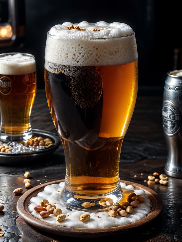 small round stainless steel plate filled with dry peanuts, one gorgeous pint of beer, beer swirl inside glass, one inch of white foam on top, transparent beer, frozen glass, advertisement, highly detailed