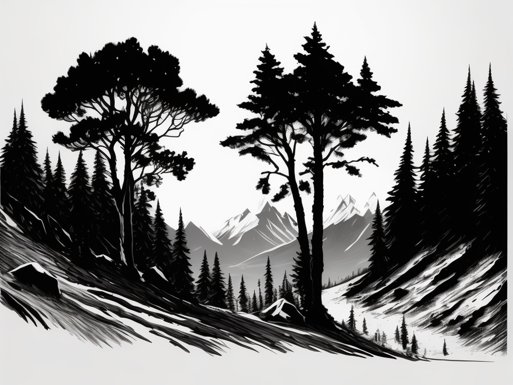 simplistic mountain scene with sparse pine trees, black and white pen and ink drawing