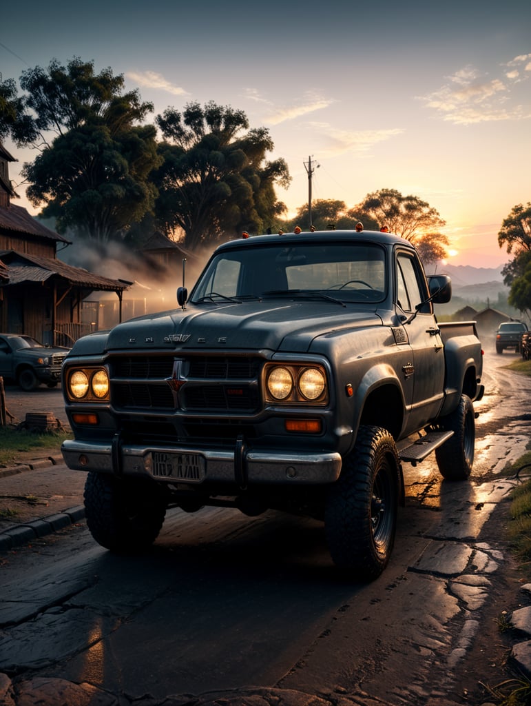 beautiful old pickup at sunset volumetric light, detailed, sharp focus, highly detailed,