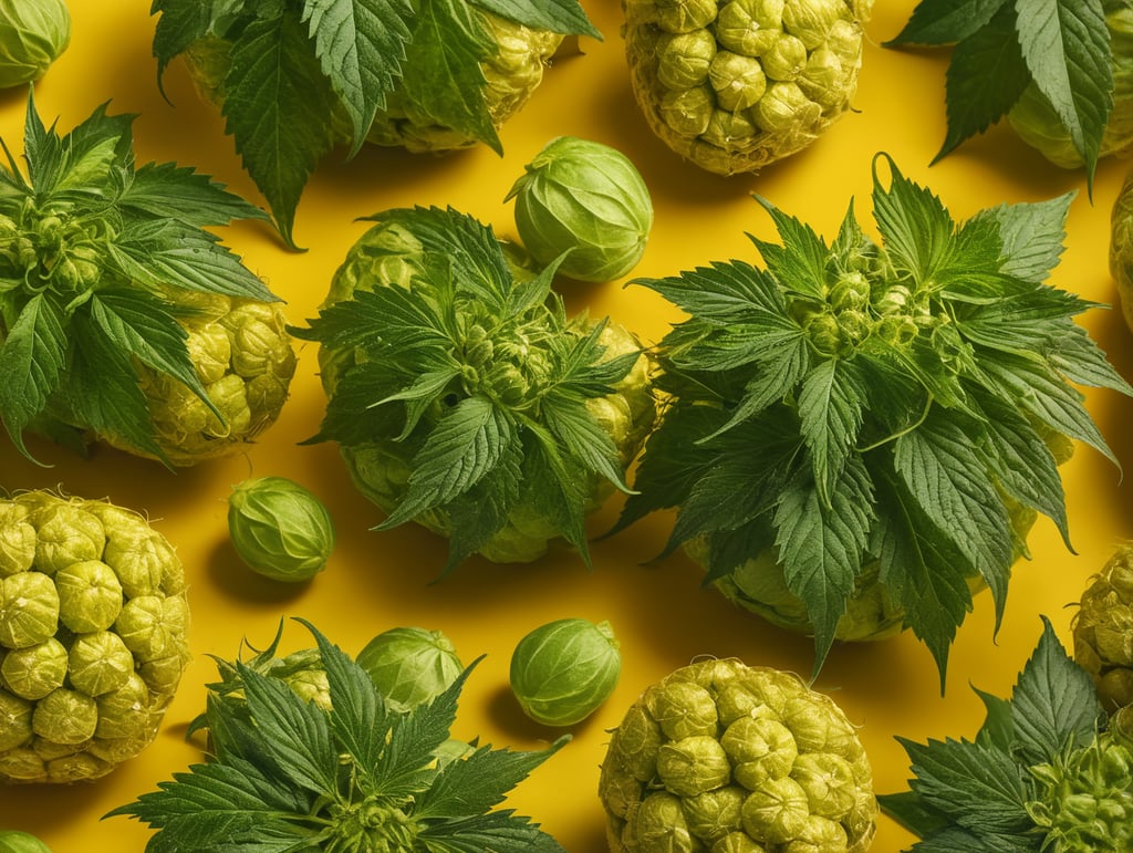 Cannabis and hops wrapping around each other, yellow background, bright and saturated colors, elegant, highly detailed, sharp focus, dramatic lighting, incredibly high detailed