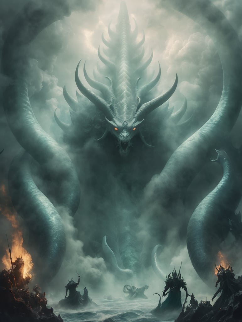 seraphims in hell with leviathan and mermaiids with smoke heads