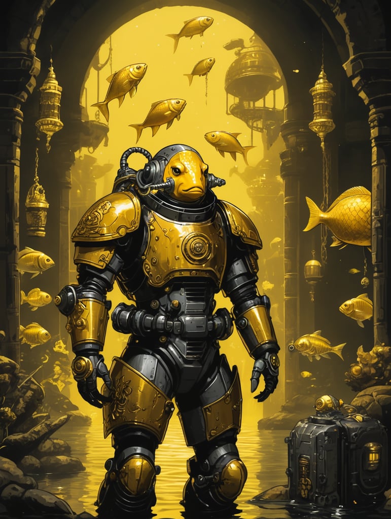 darkest dungeon art, golden fish who is in aquarim, controlling robot suit, and in fancy dress, background is yellow