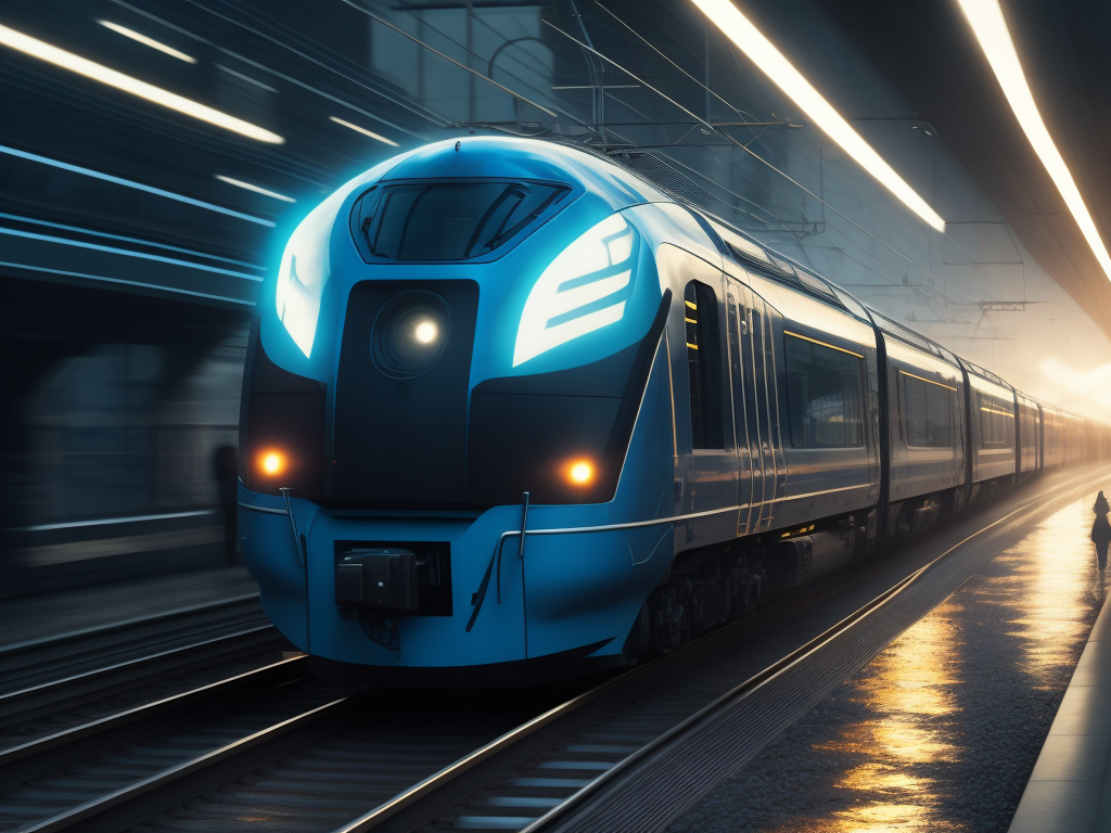 High-tech high-speed modern train drive at the raining endless large and heigth kiberpank city in blue tones of light