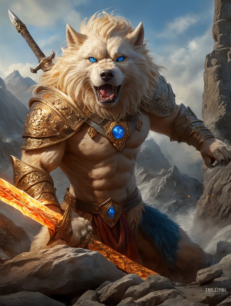 perro feroz con ojos color fuego de aspecto corpulento pelaje de fuego garras enormes sobre una roca defendendo a una hermosa princesa rubia ojos azules de cabello largo cuerpo atlético empuñando una espada dorada