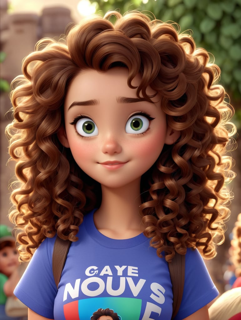 a beautiful girl girl with curly hair, fair skin, beautiful face, beautiful eyes, wearing t-shirt I love Jesus, Disney Pixar 8k