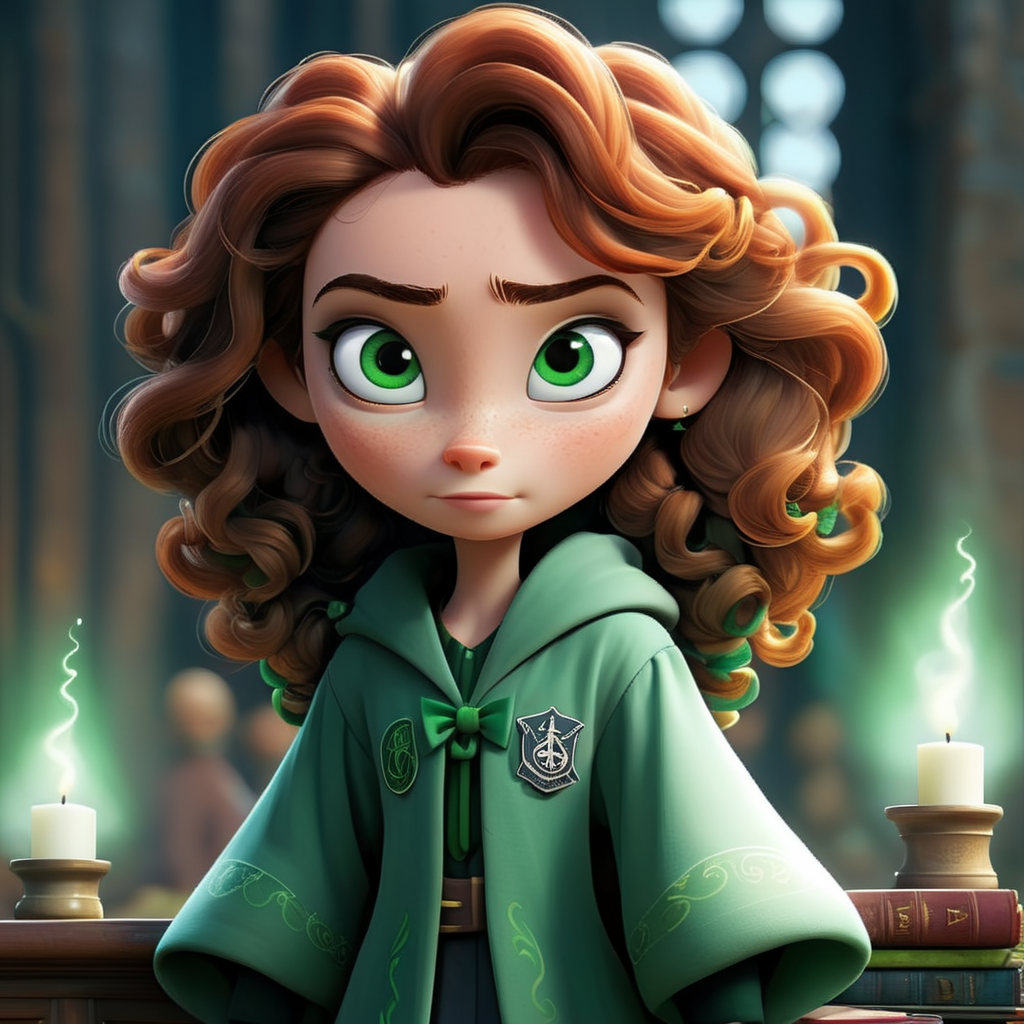 a girl with green eyes, freckles and brown curly hair dressed in slytherin hogwarts robes