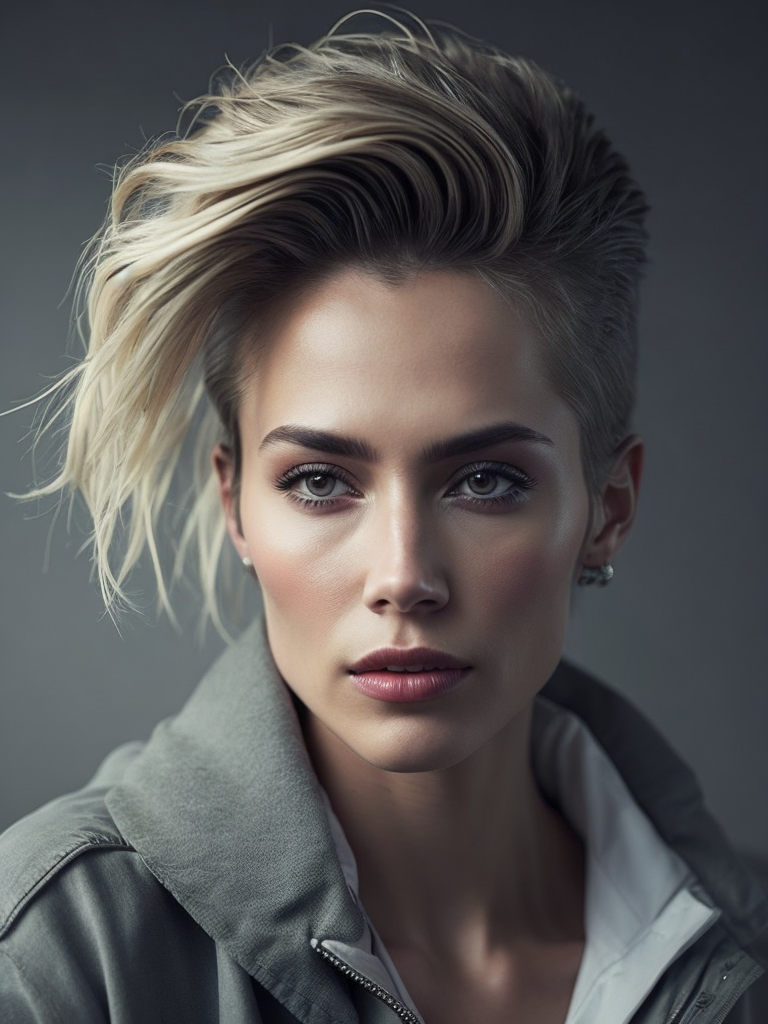 a 42 yo woman, blonde, (hi-top fade:1.3), dark theme, soothing tones, muted colors, high contrast, (natural skin texture, hyperrealism, soft light, sharp)